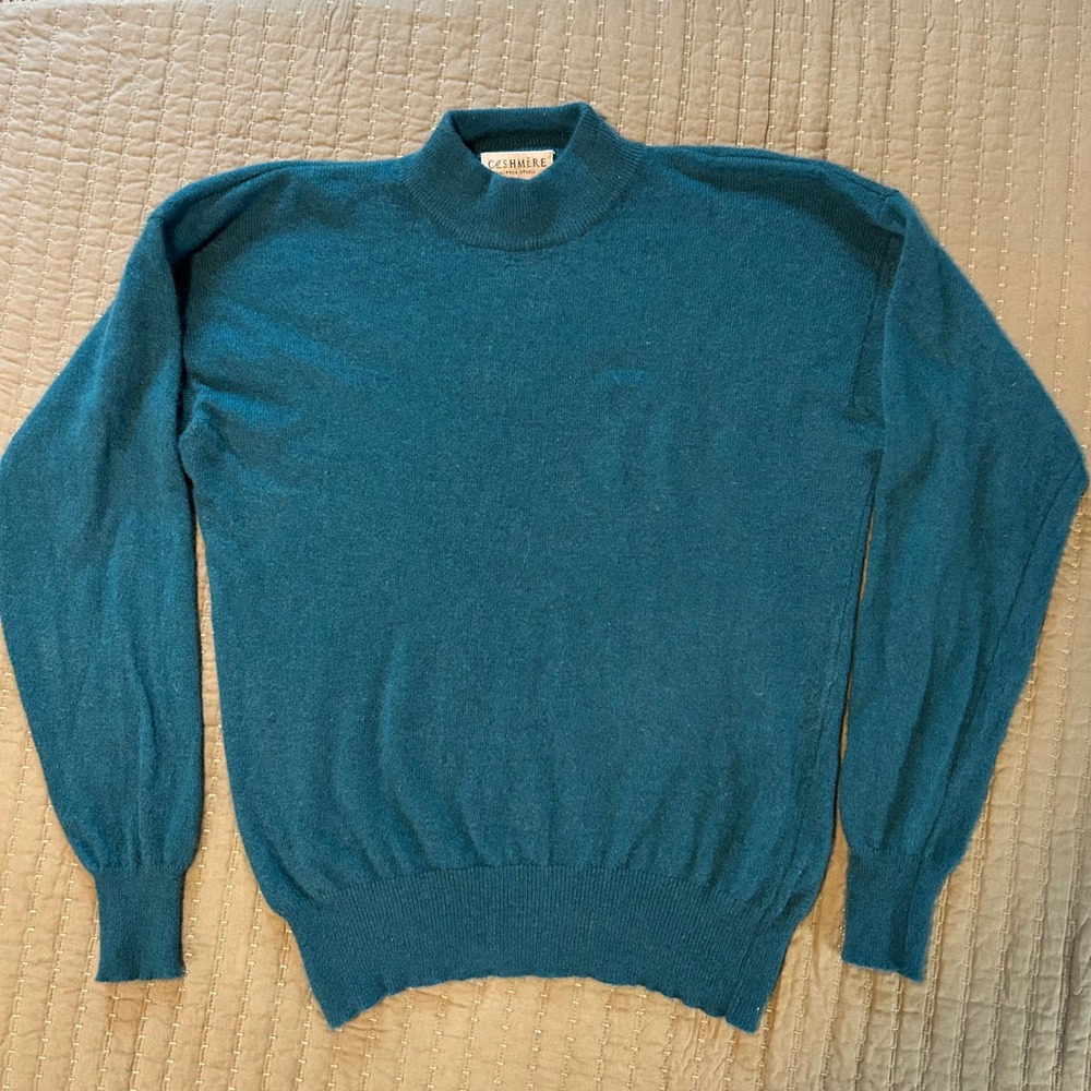 Sutton Studio Quiet Luxury Cashmere Mock Neck Sweater M Teal Blue 100% Cashmere